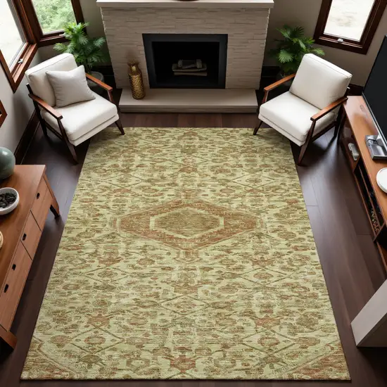 Beige Rust And Artichoke Green Floral Washable Area Rug With UV Protection Photo 6