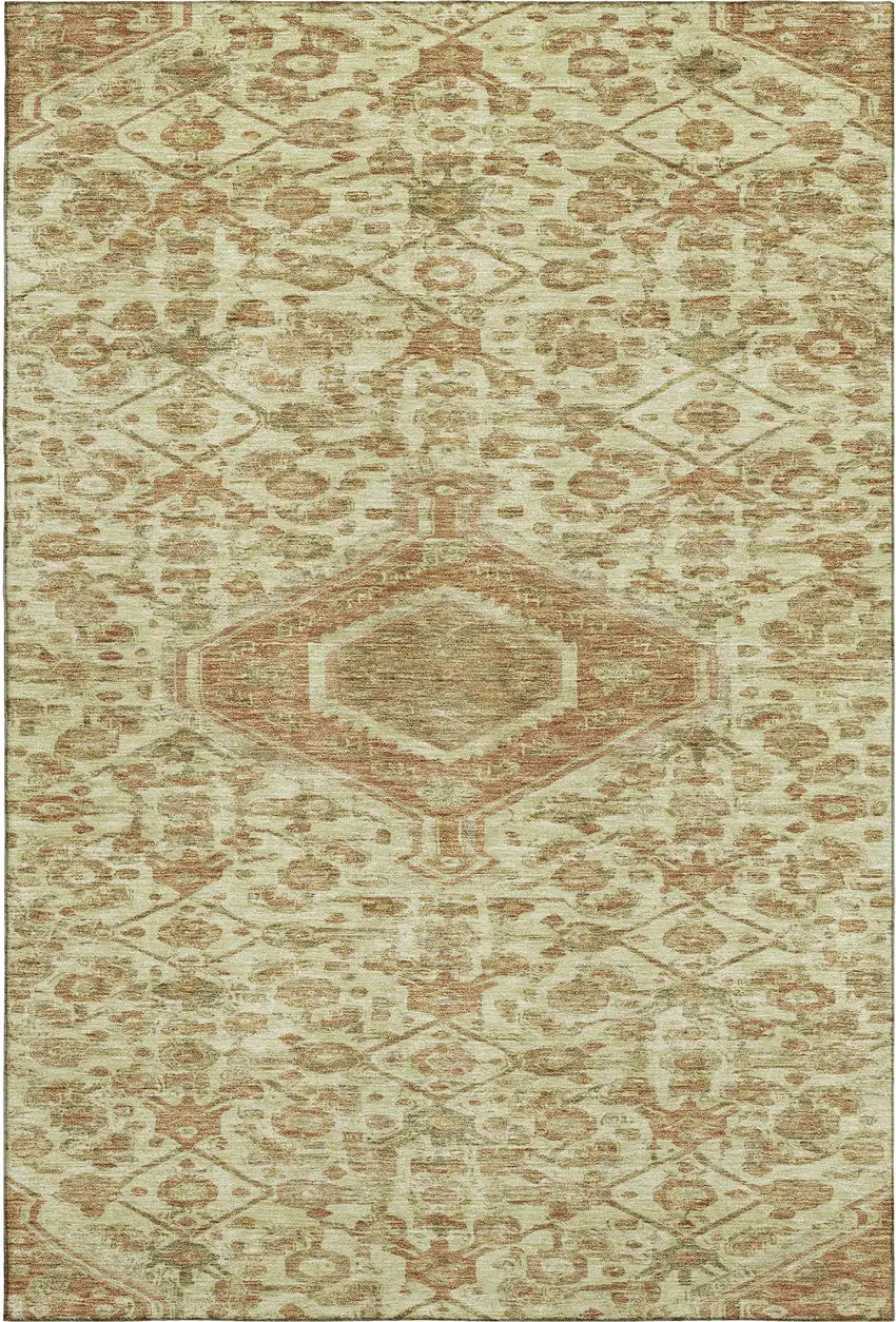 Beige Rust And Artichoke Green Floral Washable Area Rug With UV Protection Photo 1