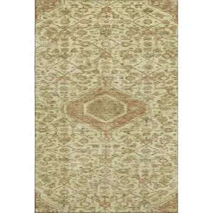 Photo of Beige Rust And Artichoke Green Floral Washable Area Rug With UV Protection