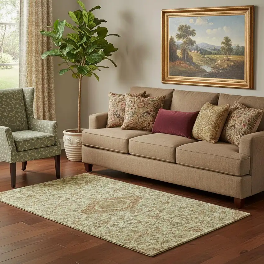 Beige Rust And Artichoke Green Floral Washable Area Rug With UV Protection Photo 2