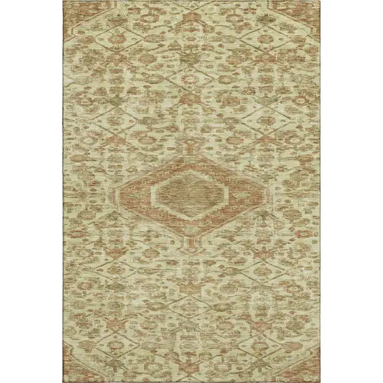 Beige Rust And Artichoke Green Floral Washable Area Rug With UV Protection Photo 1
