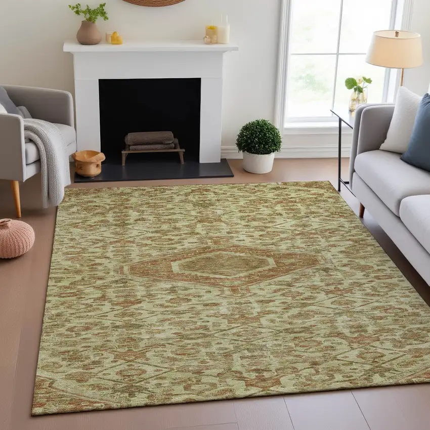 Beige Rust And Artichoke Green Floral Washable Area Rug With UV Protection Photo 5
