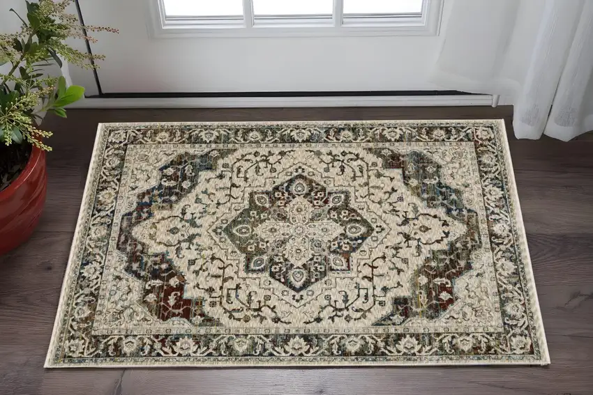 Beige Rust And Blue Medallion Area Rug With Fringe Photo 1