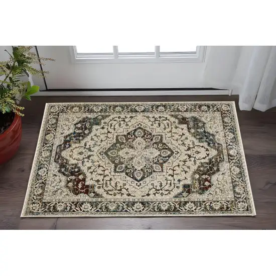 Beige Rust And Blue Medallion Area Rug With Fringe Photo 1