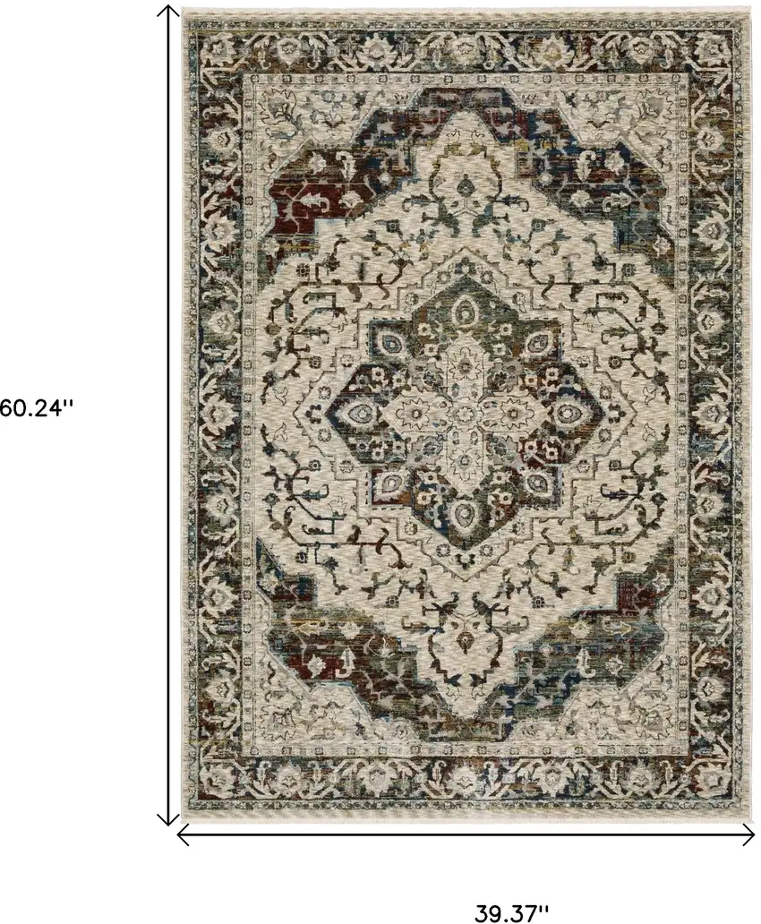 Beige Rust And Blue Medallion Area Rug With Fringe Photo 3
