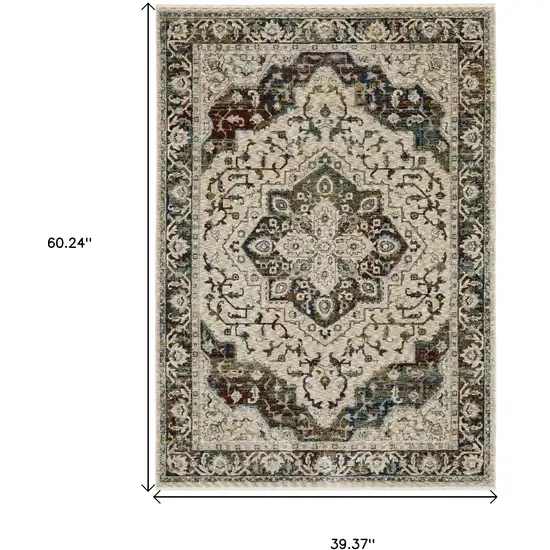 Beige Rust And Blue Medallion Area Rug With Fringe Photo 3
