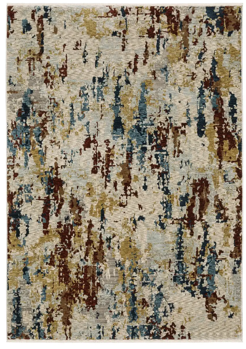 Beige Rust And Light Blue Abstract Distressed Area Rug With Fringe Photo 2