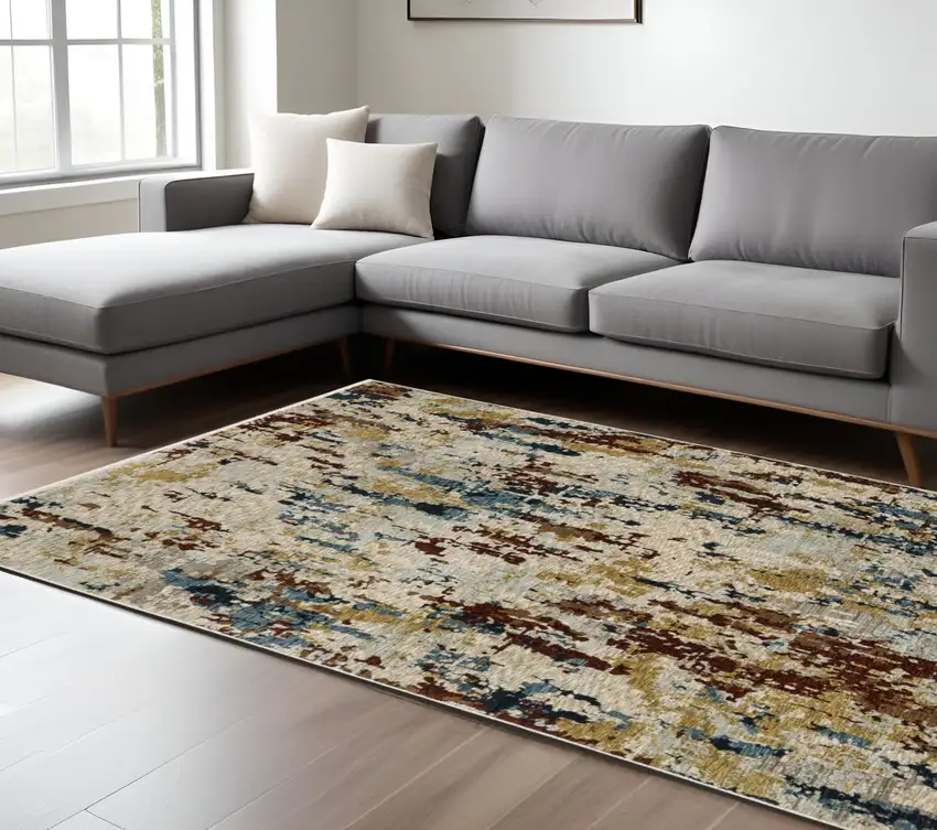 Beige Rust And Light Blue Abstract Distressed Area Rug With Fringe Photo 1