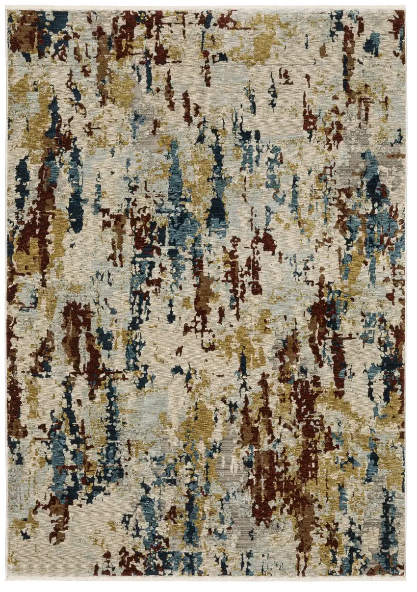 Beige Rust And Light Blue Abstract Distressed Area Rug With Fringe Photo 5