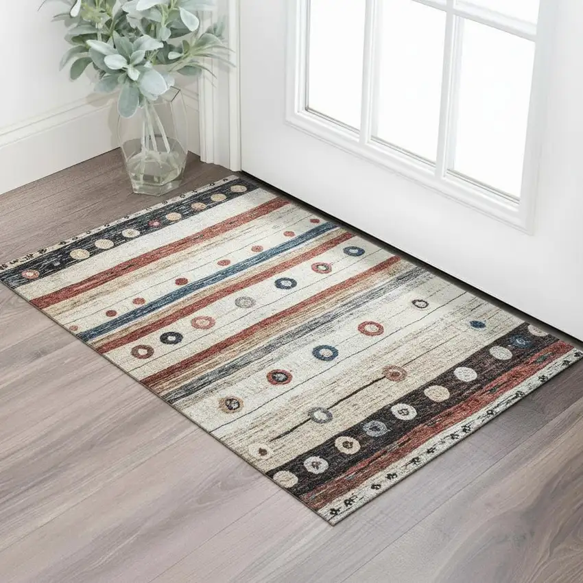 Beige Rust And Navy Blue Striped Washable Area Rug With UV Protection Photo 2