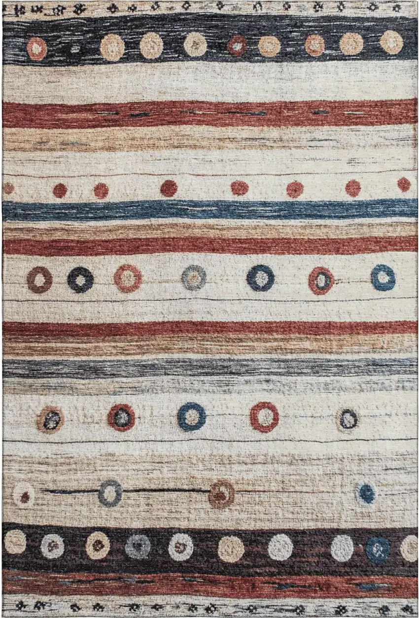 Beige Rust And Navy Blue Striped Washable Area Rug With UV Protection Photo 1