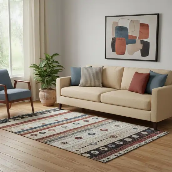 Beige Rust And Navy Blue Striped Washable Area Rug With UV Protection Photo 2