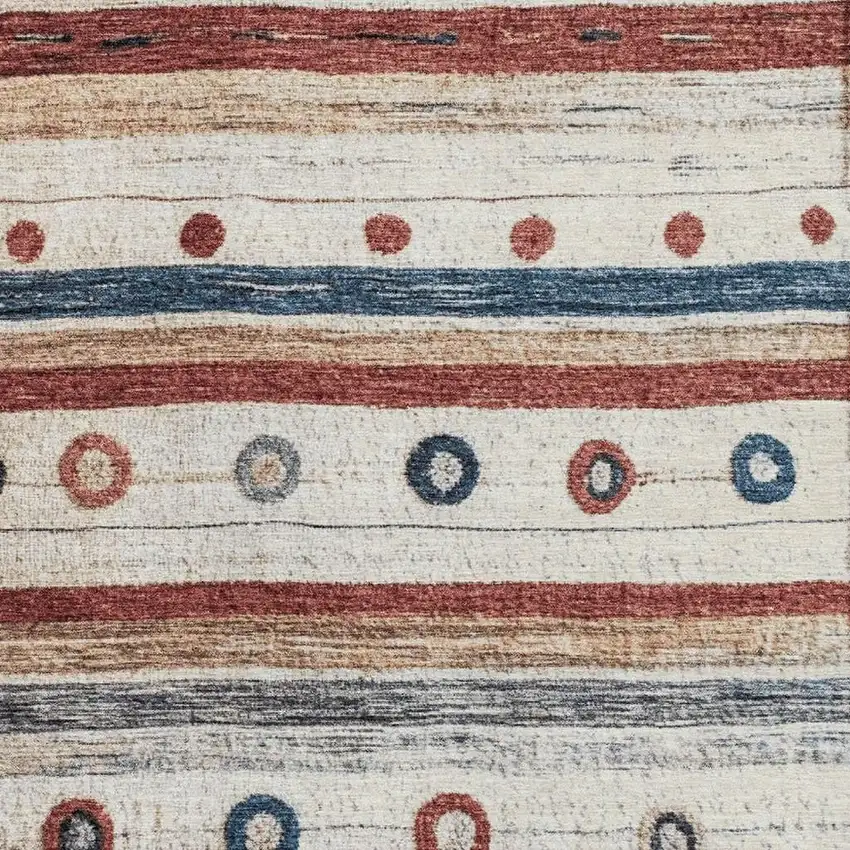 Beige Rust And Navy Blue Striped Washable Area Rug With UV Protection Photo 3