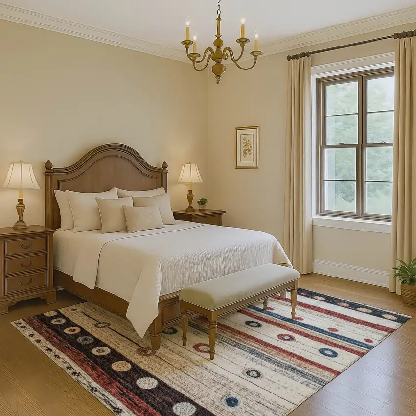 Beige Rust And Navy Blue Striped Washable Area Rug With UV Protection Photo 6