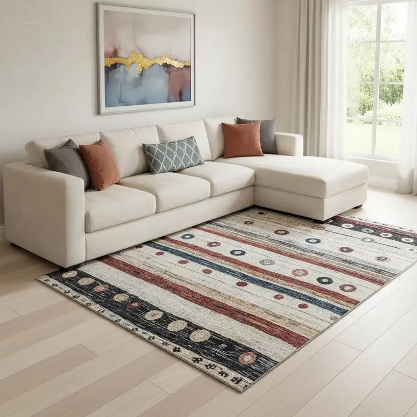 Beige Rust And Navy Blue Striped Washable Area Rug With UV Protection Photo 2