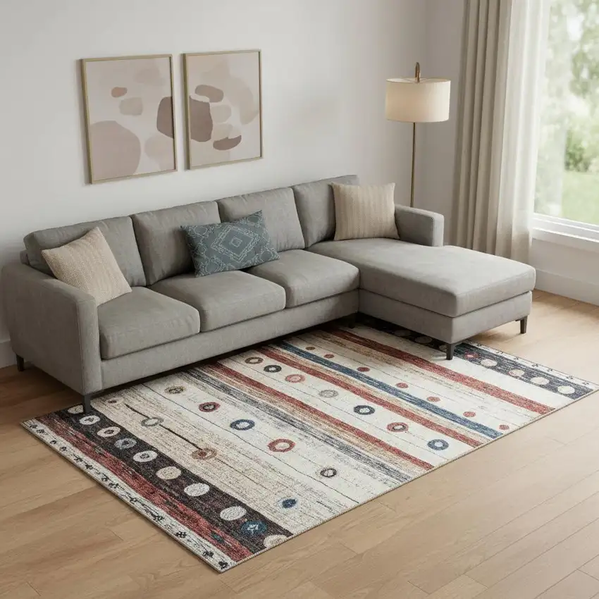 Beige Rust And Navy Blue Striped Washable Area Rug With UV Protection Photo 2