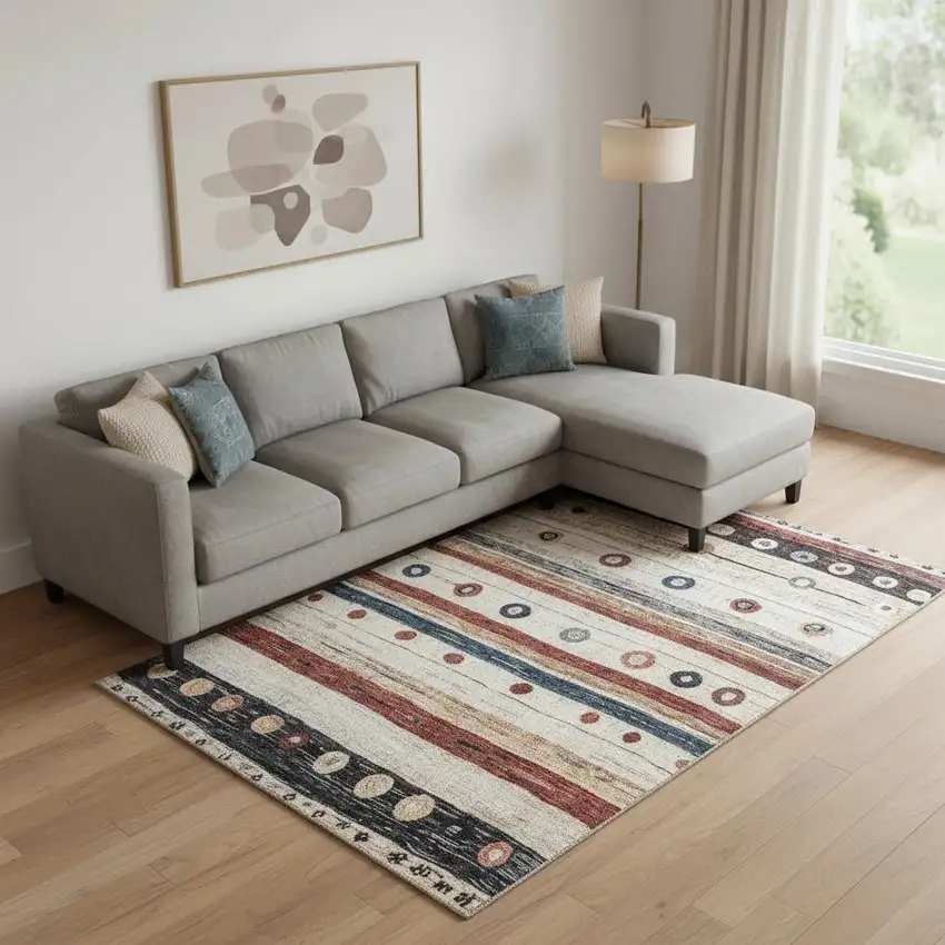 Beige Rust And Navy Blue Striped Washable Area Rug With UV Protection Photo 2