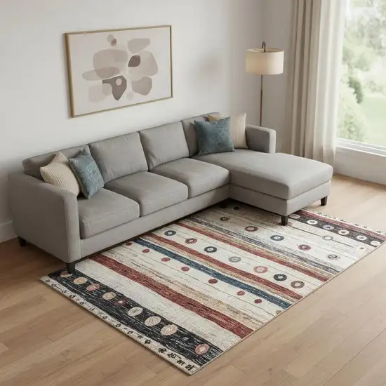 Beige Rust And Navy Blue Striped Washable Area Rug With UV Protection Photo 2