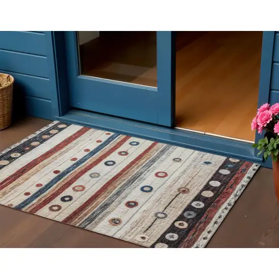 Beige Rust And Navy Blue Striped Washable Indoor Outdoor Area Rug Photo 2