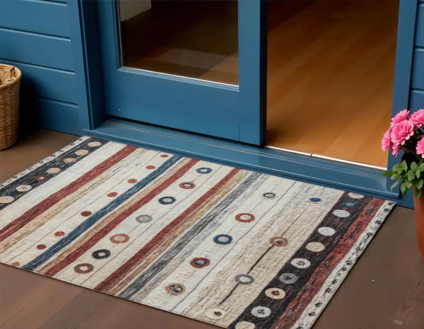 Beige Rust And Navy Blue Striped Washable Indoor Outdoor Area Rug Photo 2