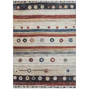 Photo of Beige Rust And Navy Blue Striped Washable Indoor Outdoor Area Rug