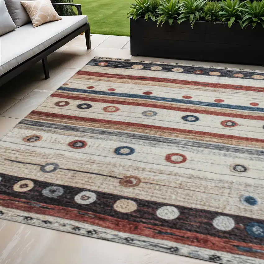 Beige Rust And Navy Blue Striped Washable Indoor Outdoor Area Rug Photo 2