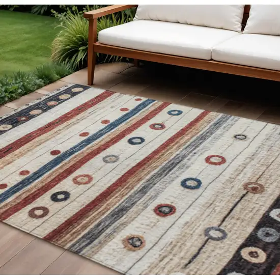Beige Rust And Navy Blue Striped Washable Indoor Outdoor Area Rug Photo 2