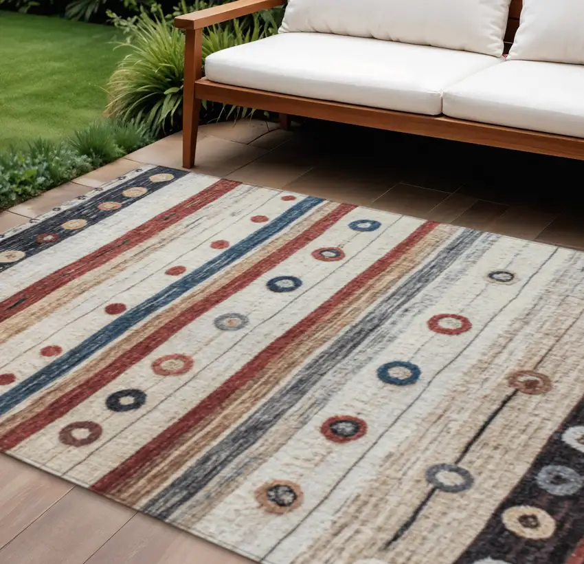 Beige Rust And Navy Blue Striped Washable Indoor Outdoor Area Rug Photo 2