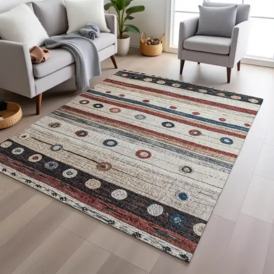 Beige Rust And Navy Blue Striped Washable Indoor Outdoor Area Rug Photo 6