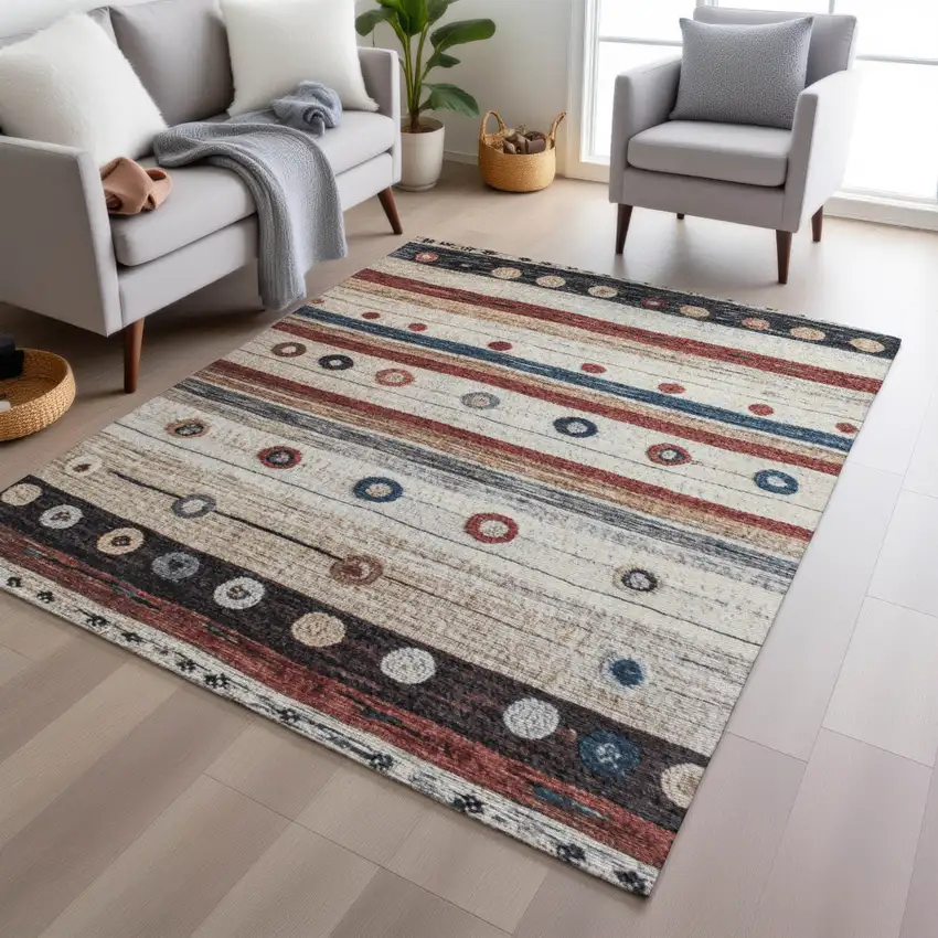 Beige Rust And Navy Blue Striped Washable Indoor Outdoor Area Rug Photo 6