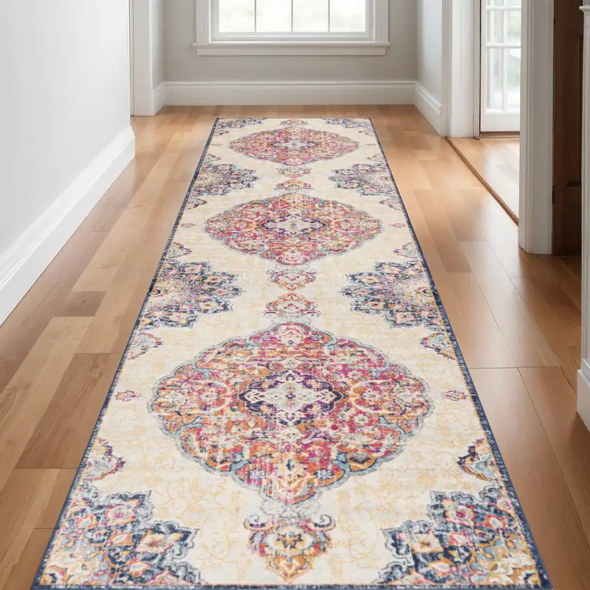 Beige Rust And Purple Medallion Runner Rug Photo 1
