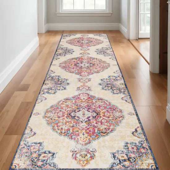 Beige Rust And Purple Medallion Runner Rug Photo 1
