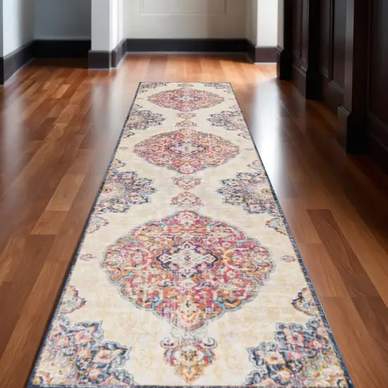 Beige Rust And Purple Medallion Runner Rug Photo 1