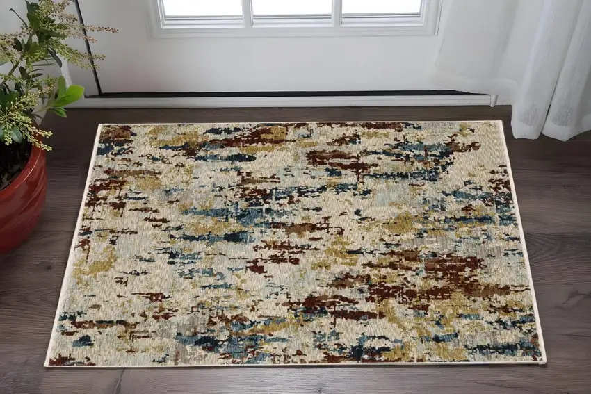 Beige Rust And Tan Abstract Area Rug With Fringe Photo 1