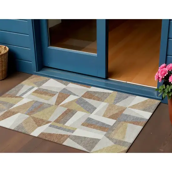 Beige Rust And Taupe Geometric Washable Indoor Outdoor Area Rug Photo 1