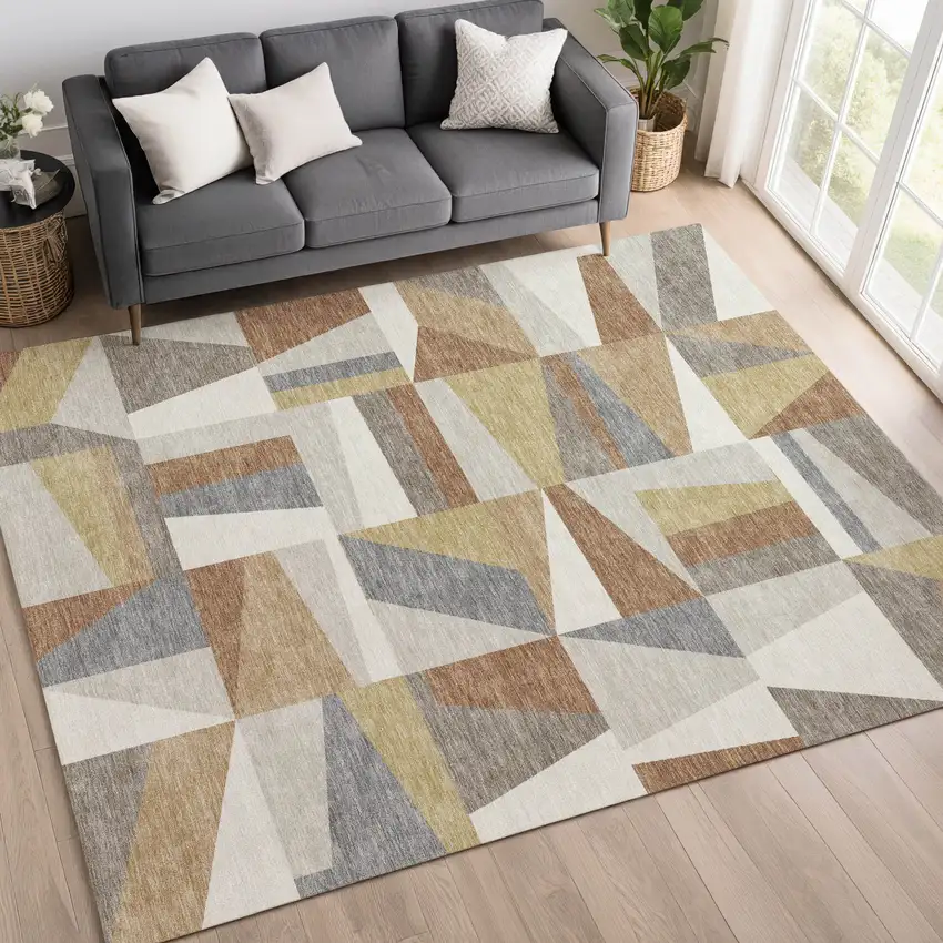 Beige Rust And Taupe Geometric Washable Indoor Outdoor Area Rug Photo 9