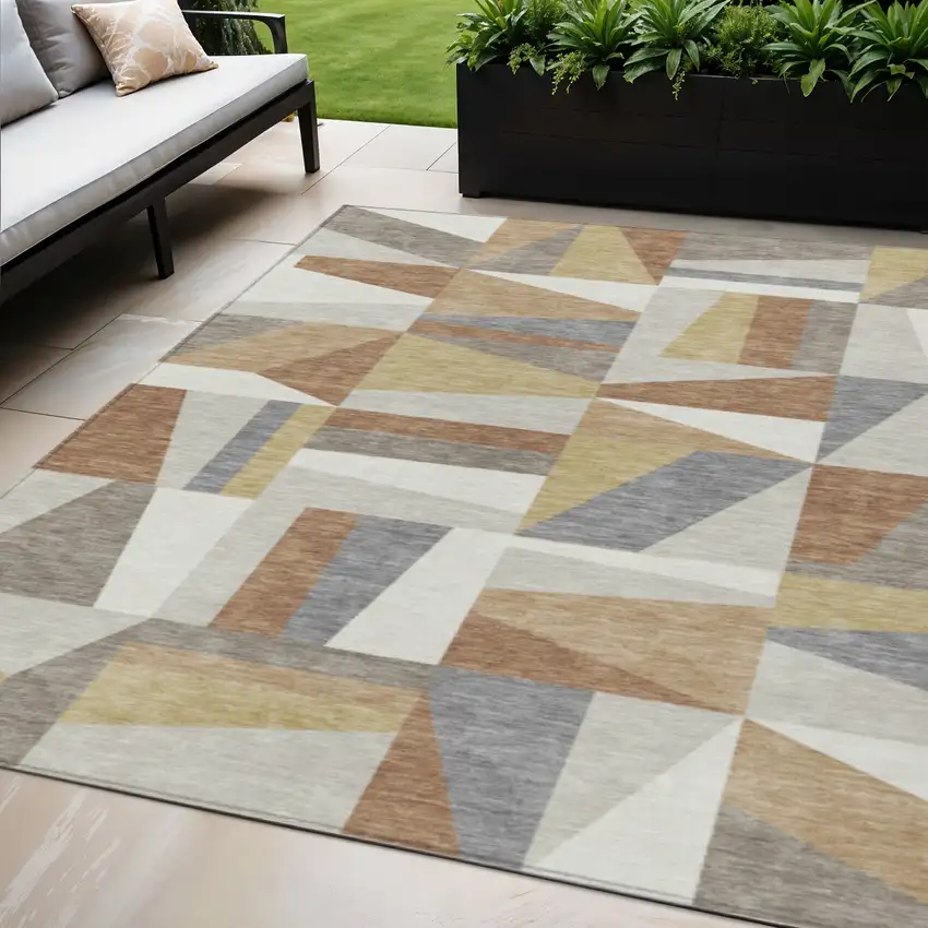 Beige Rust And Taupe Geometric Washable Indoor Outdoor Area Rug Photo 1