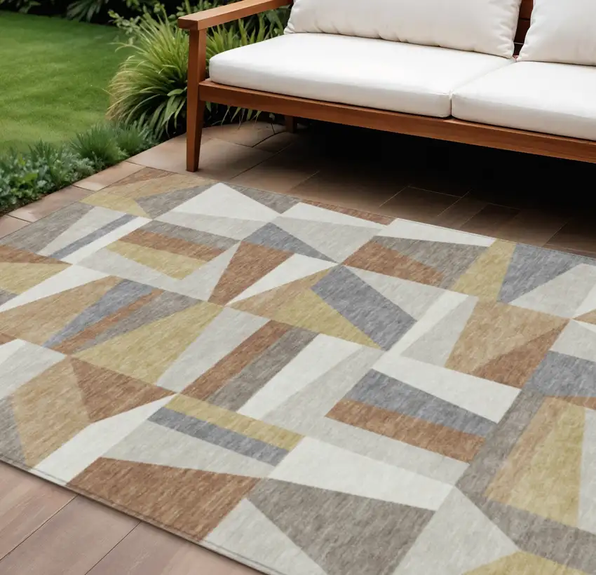 Beige Rust And Taupe Geometric Washable Indoor Outdoor Area Rug Photo 1