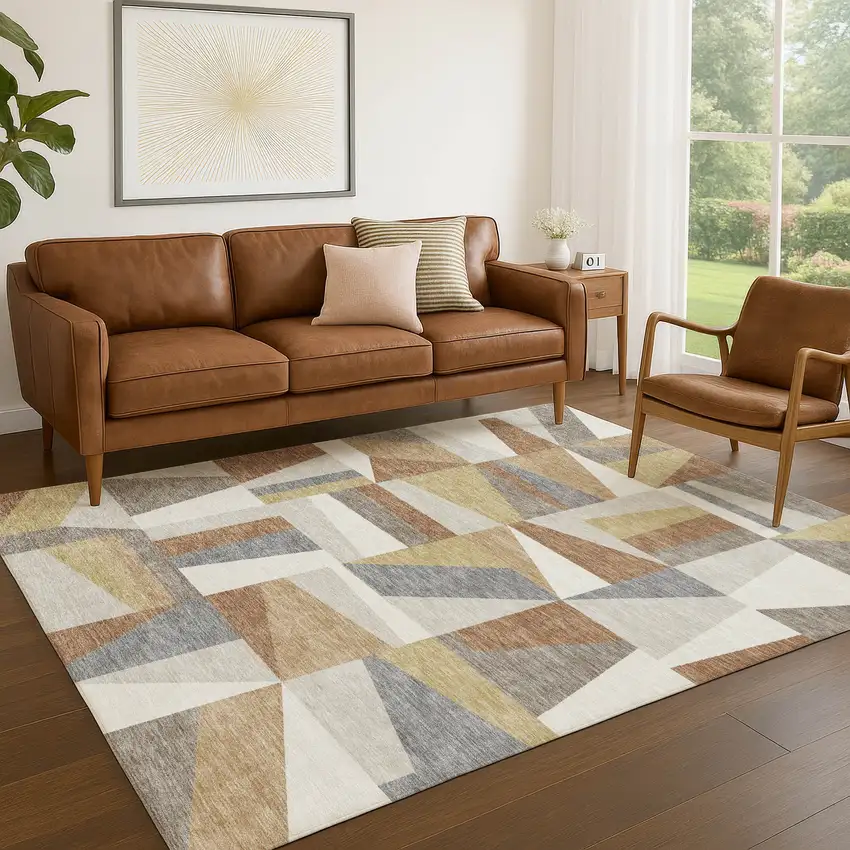 Beige Rust And Taupe Geometric Washable Indoor Outdoor Area Rug Photo 9