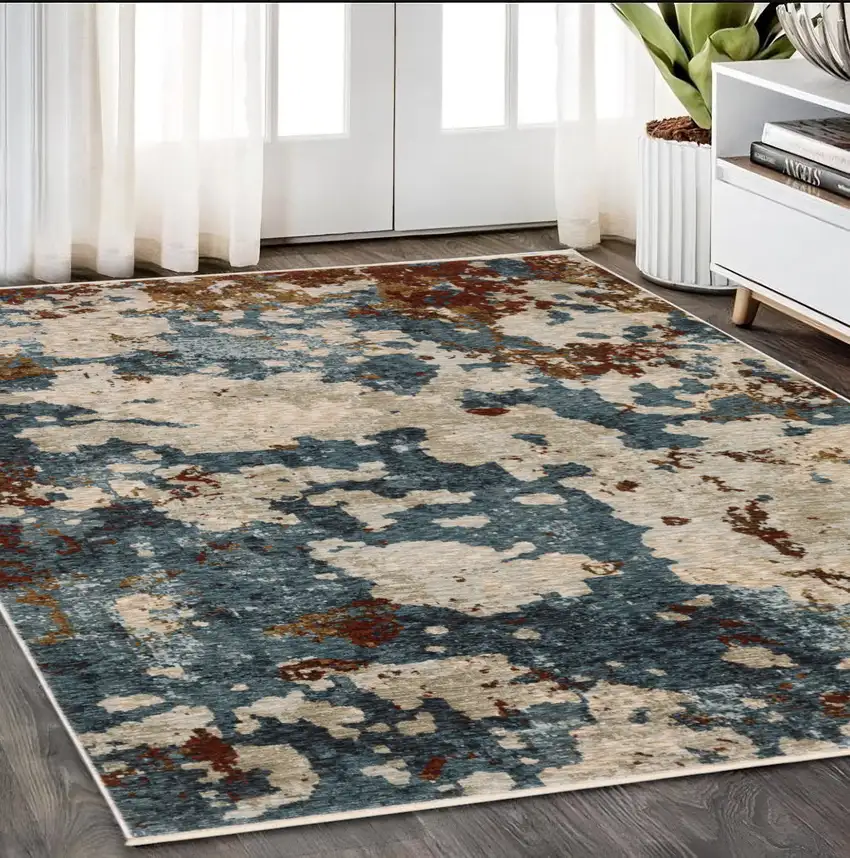 Beige Rust And Teal Abstract Distressed Area Rug With Fringe Photo 1