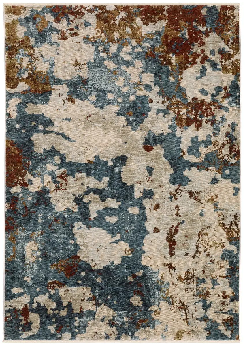 Beige Rust And Teal Abstract Distressed Area Rug With Fringe Photo 2
