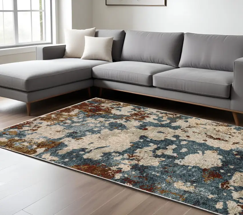 Beige Rust And Teal Abstract Distressed Area Rug With Fringe Photo 1