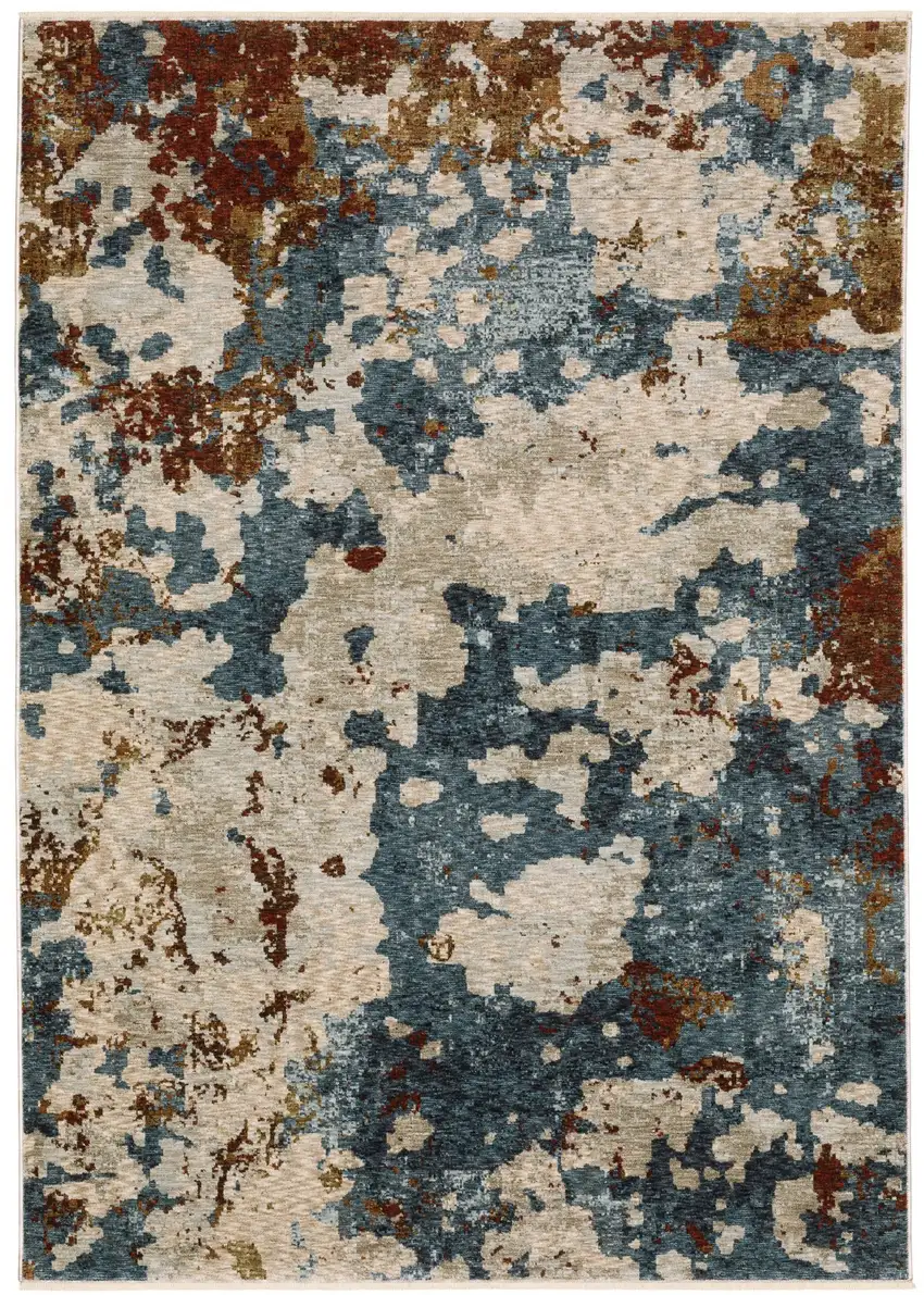 Beige Rust And Teal Abstract Distressed Area Rug With Fringe Photo 6