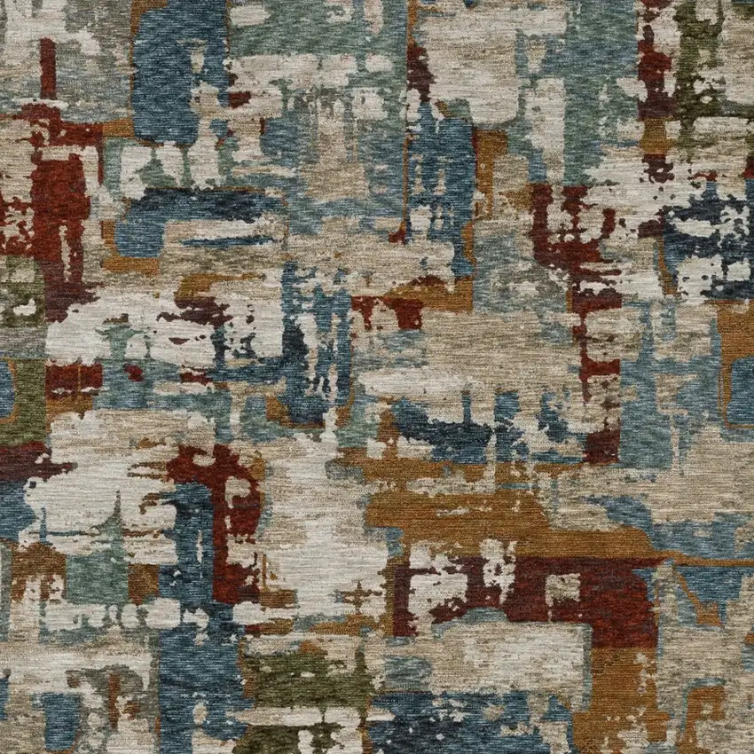 Beige Rust And Teal Abstract Distressed Area Rug With Fringe Photo 4