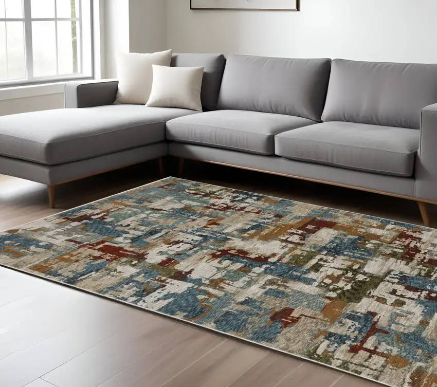 Beige Rust And Teal Abstract Distressed Area Rug With Fringe Photo 1