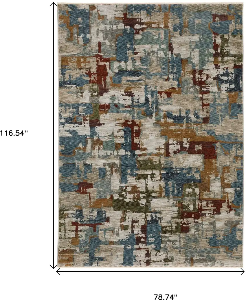 Beige Rust And Teal Abstract Distressed Area Rug With Fringe Photo 3