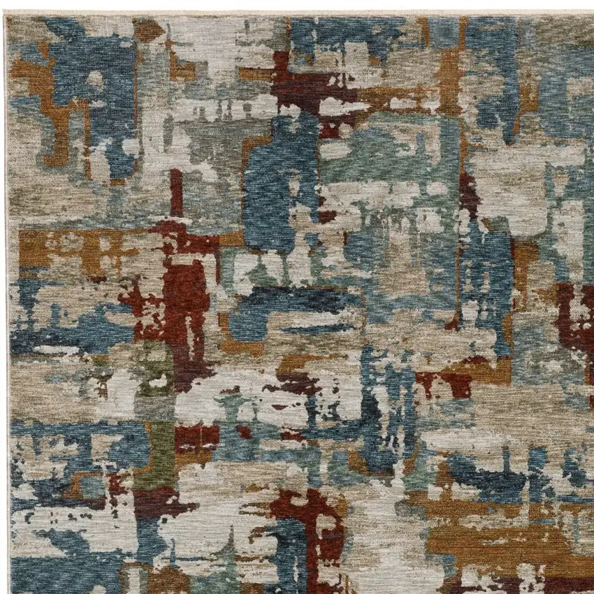 Beige Rust And Teal Abstract Distressed Area Rug With Fringe Photo 4