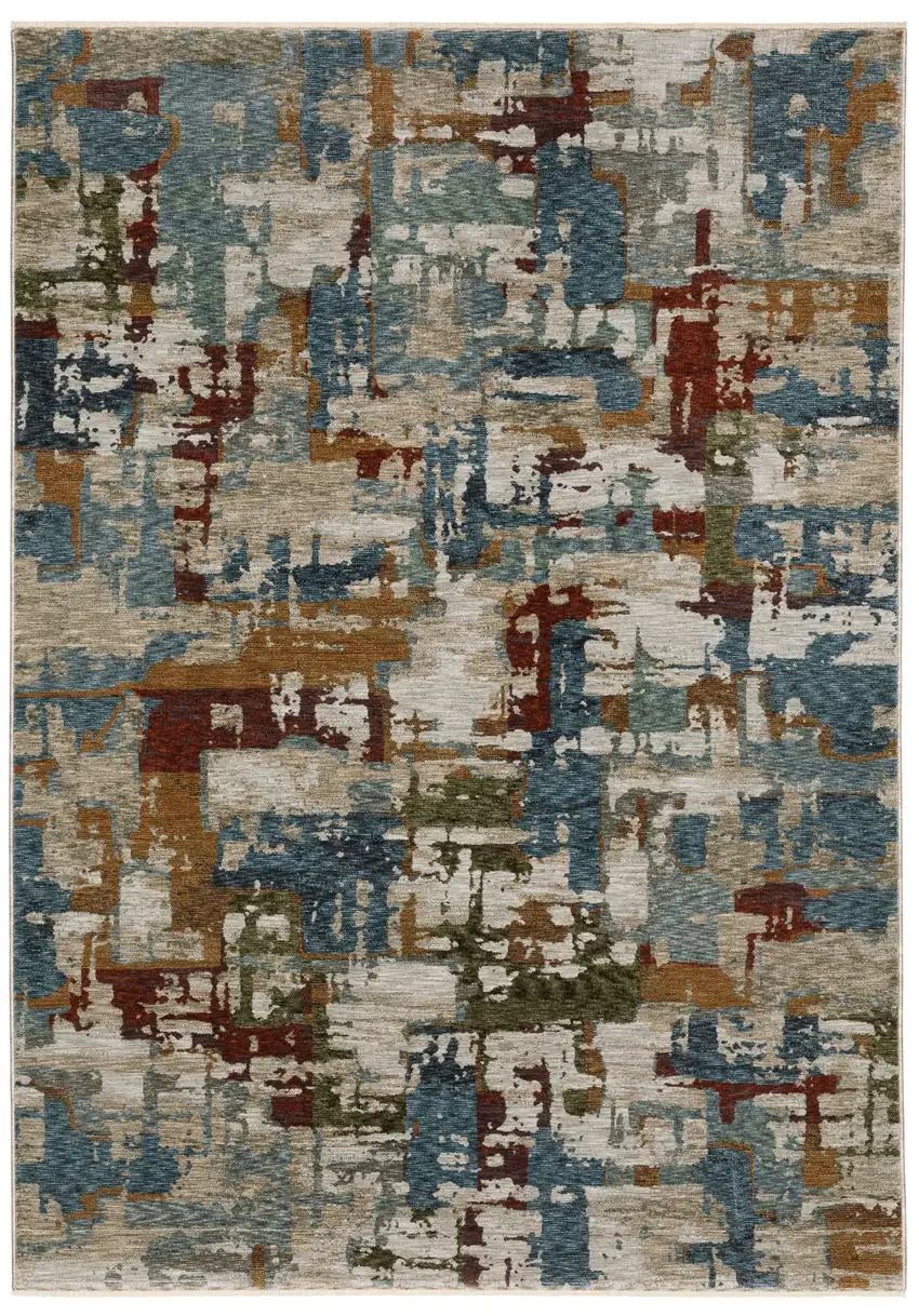 Beige Rust And Teal Abstract Distressed Area Rug With Fringe Photo 6