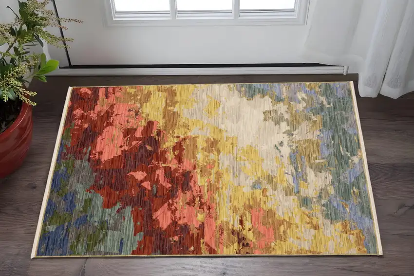 Beige Rust And Yellow Abstract Area Rug With Fringe Photo 1