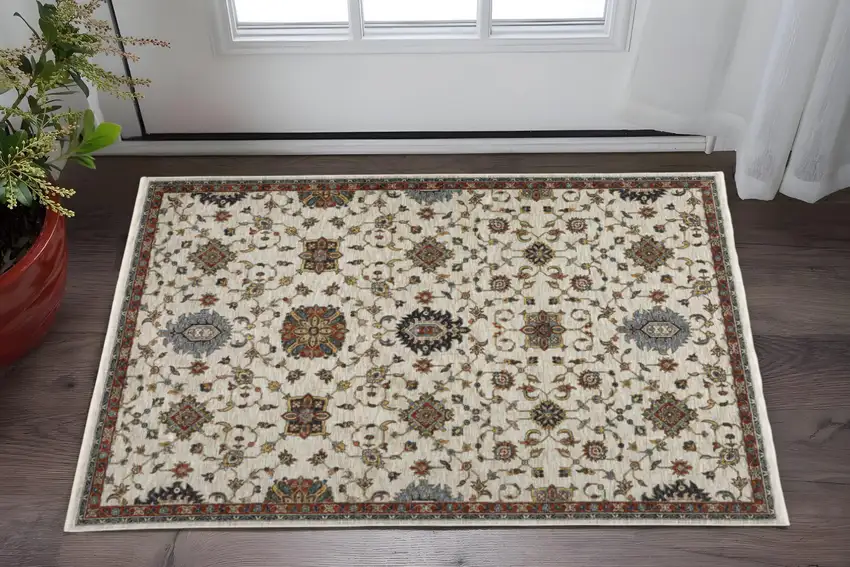 Beige Rust Red Blue Gold And Grey Oriental Power Loom Stain Resistant Area Rug With Fringe Photo 1
